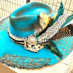 Charlie 1  Horse Turquoise HAND Burned Hat
